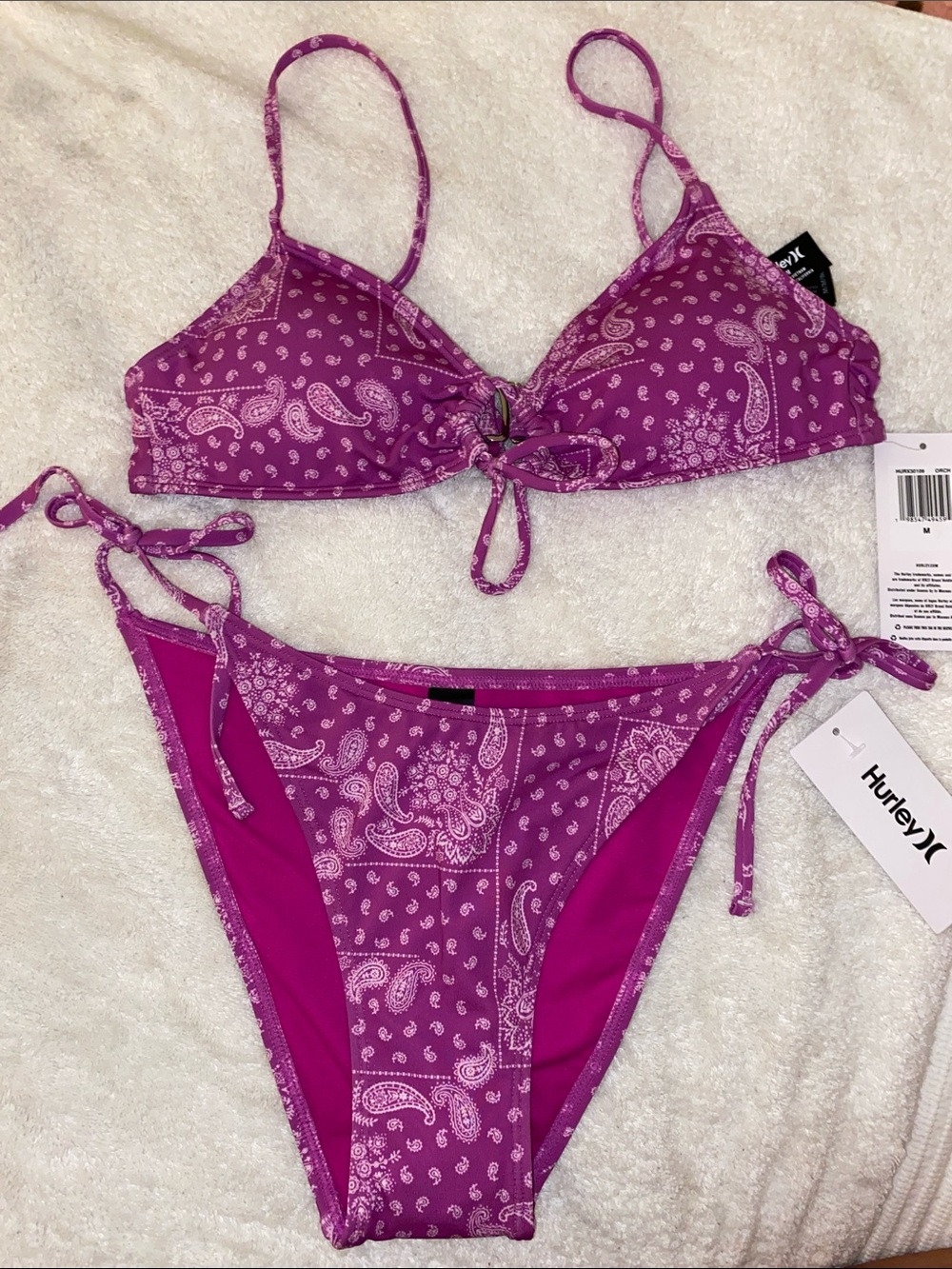 Hurley Magenta Paisley Tie-Front Bikini Set